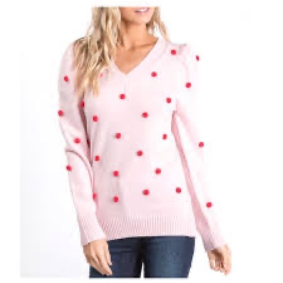 Pink V Neck Sweater With Puff Sleeves and Red Pom Poms - Picture 1 of 11